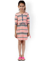 Branyork Grey & Coral Orange Striped A-Line Dress